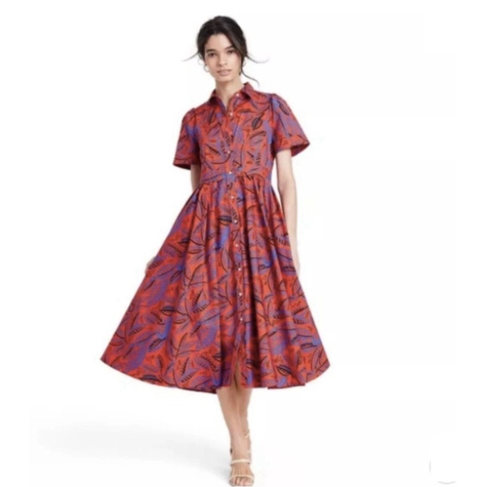 Alexis X Target Orange Blue Tropical Leaf Button Front Midi Shirt Dress XS